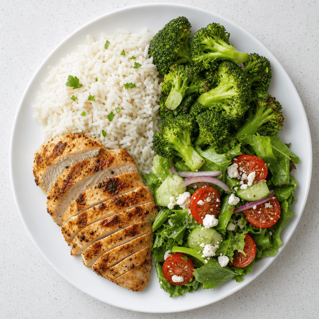 Protein-forward plated meal with chicken, rice and greens