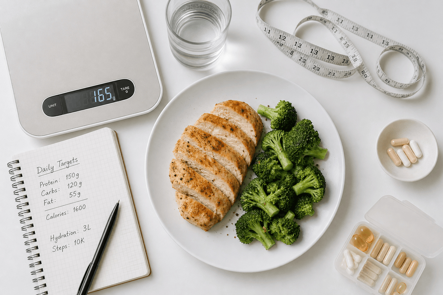 Coaching kit with notebook, scale, and plated meal